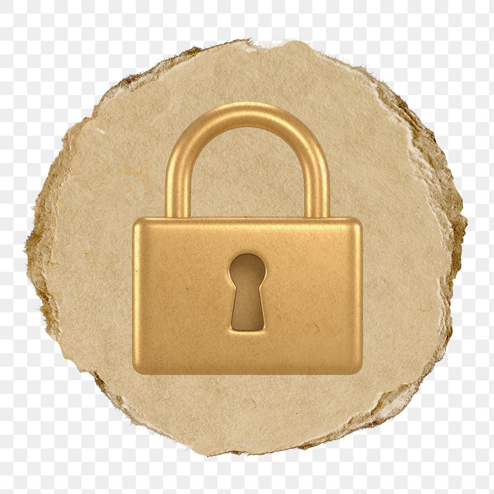 Gold padlock  png sticker,  3D ripped paper, transparent background