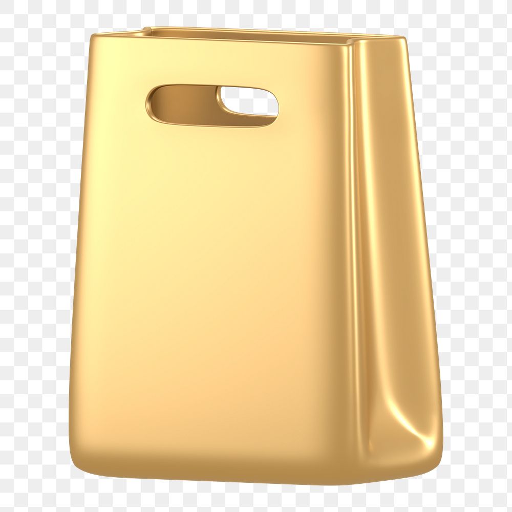 Shopping bag icon  png sticker, 3D gold design, transparent background