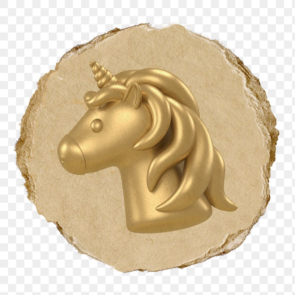 Gold unicorn  png sticker,  3D ripped paper, transparent background