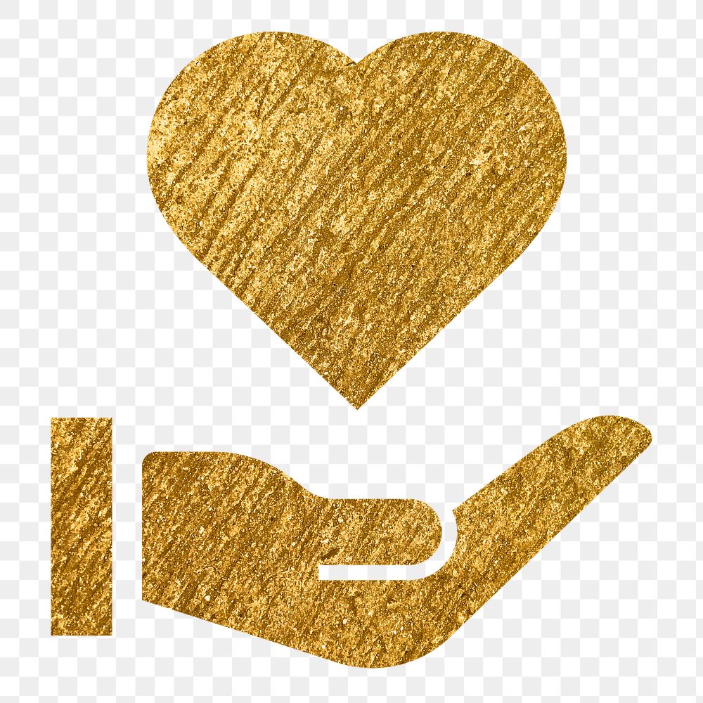 Hand png presenting heart icon sticker, gold glittery design, transparent background