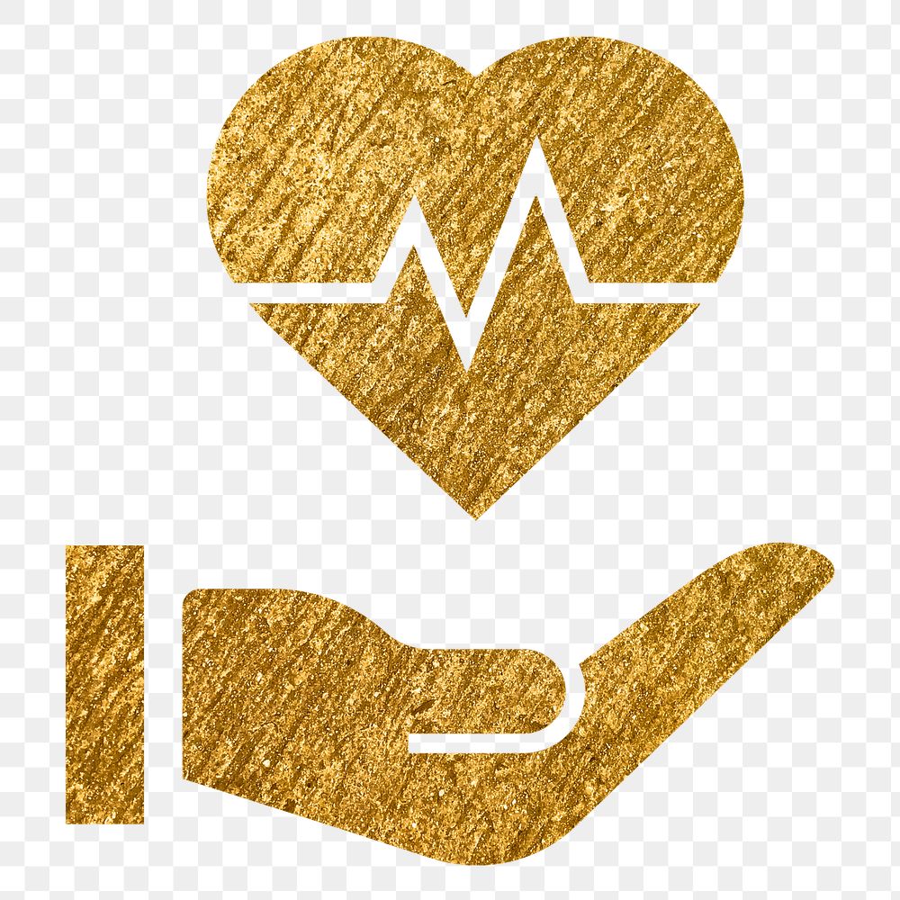 Heartbeat hand png icon sticker, gold glittery design, transparent background
