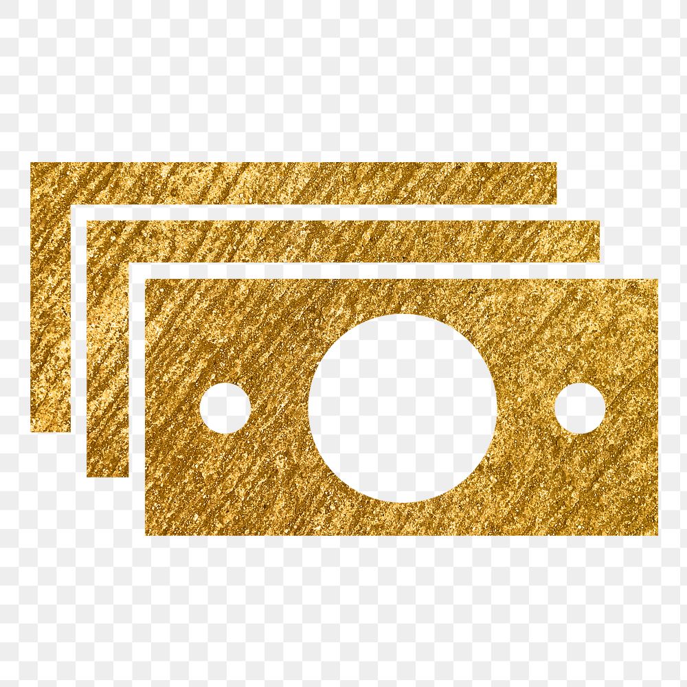 Dollar bills png icon sticker, gold glittery design, transparent background