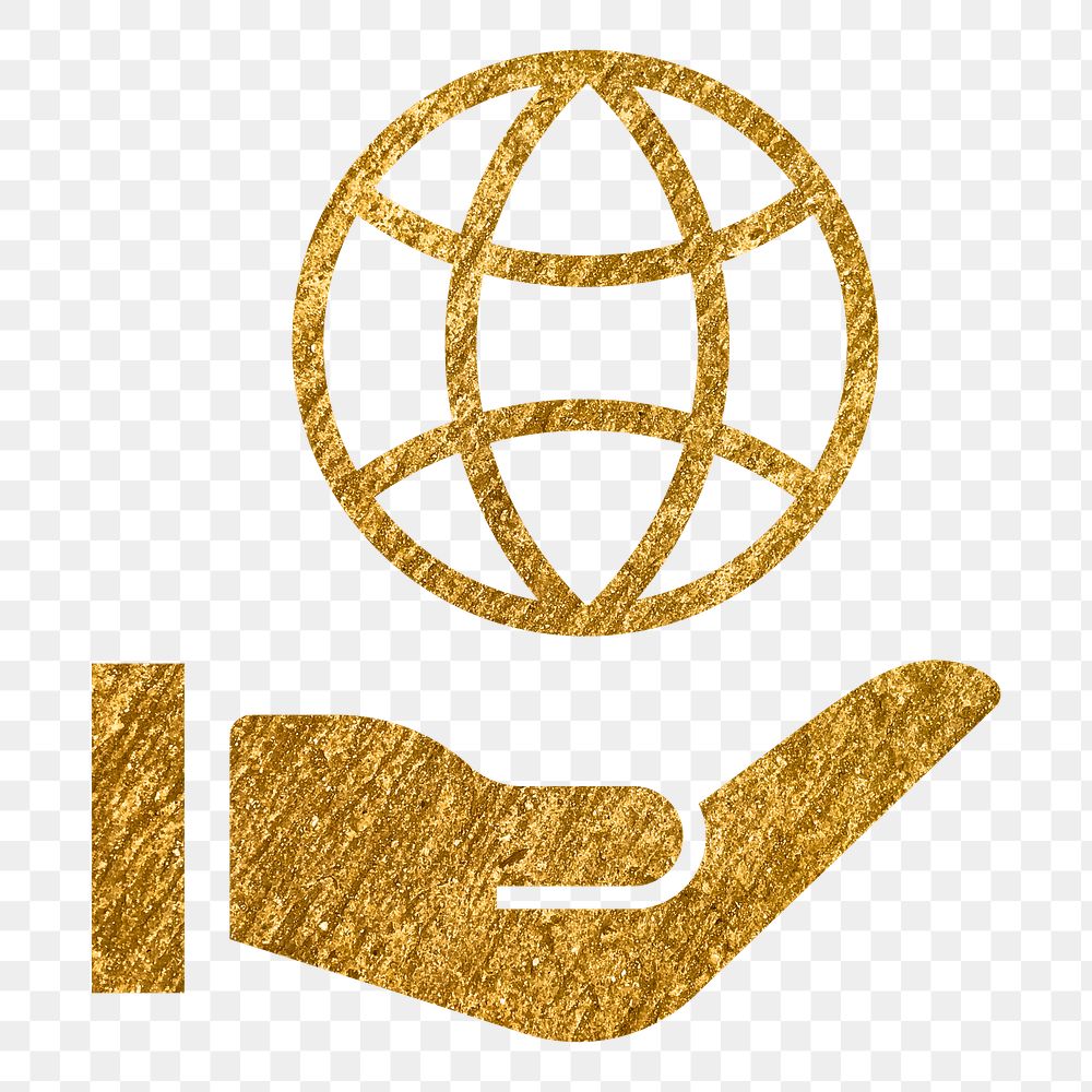 Hand png presenting globe icon sticker, gold glittery design, transparent background