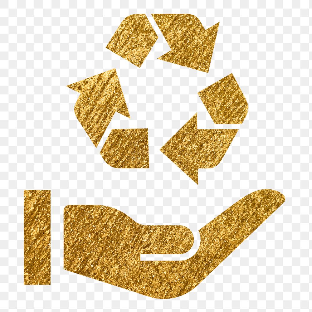 Recycle hand png icon sticker, gold glittery design, transparent background