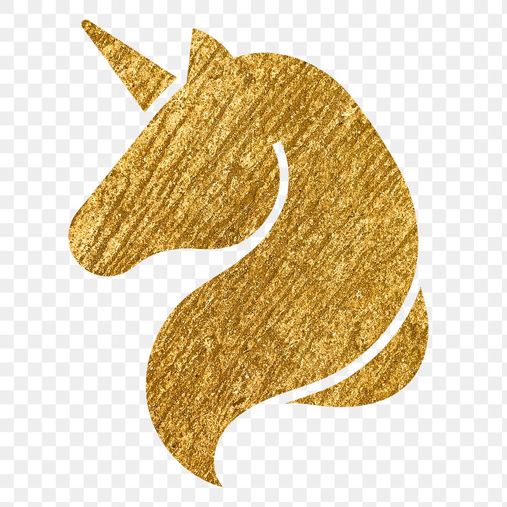 Unicorn png icon sticker, gold glittery design, transparent background