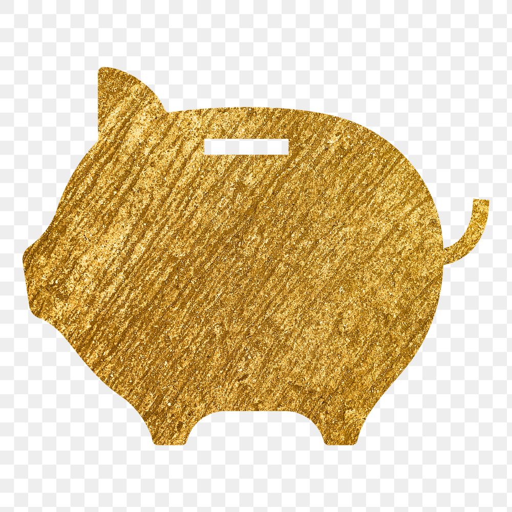 Piggy bank png icon sticker, gold glittery design, transparent background