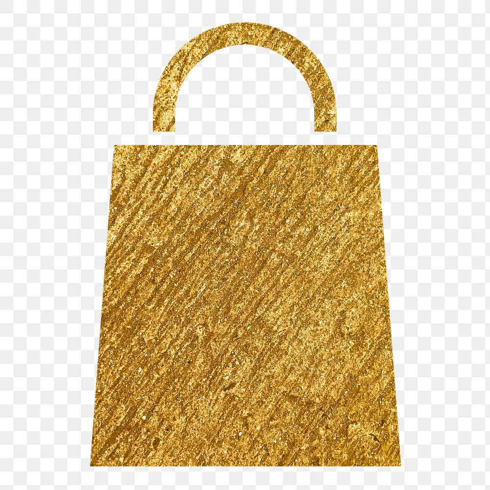 Shopping bag png icon sticker, gold glittery design, transparent background