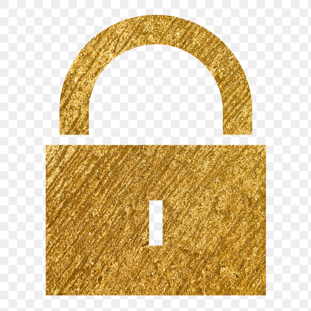 Lock, privacy png icon sticker, gold glittery design, transparent background