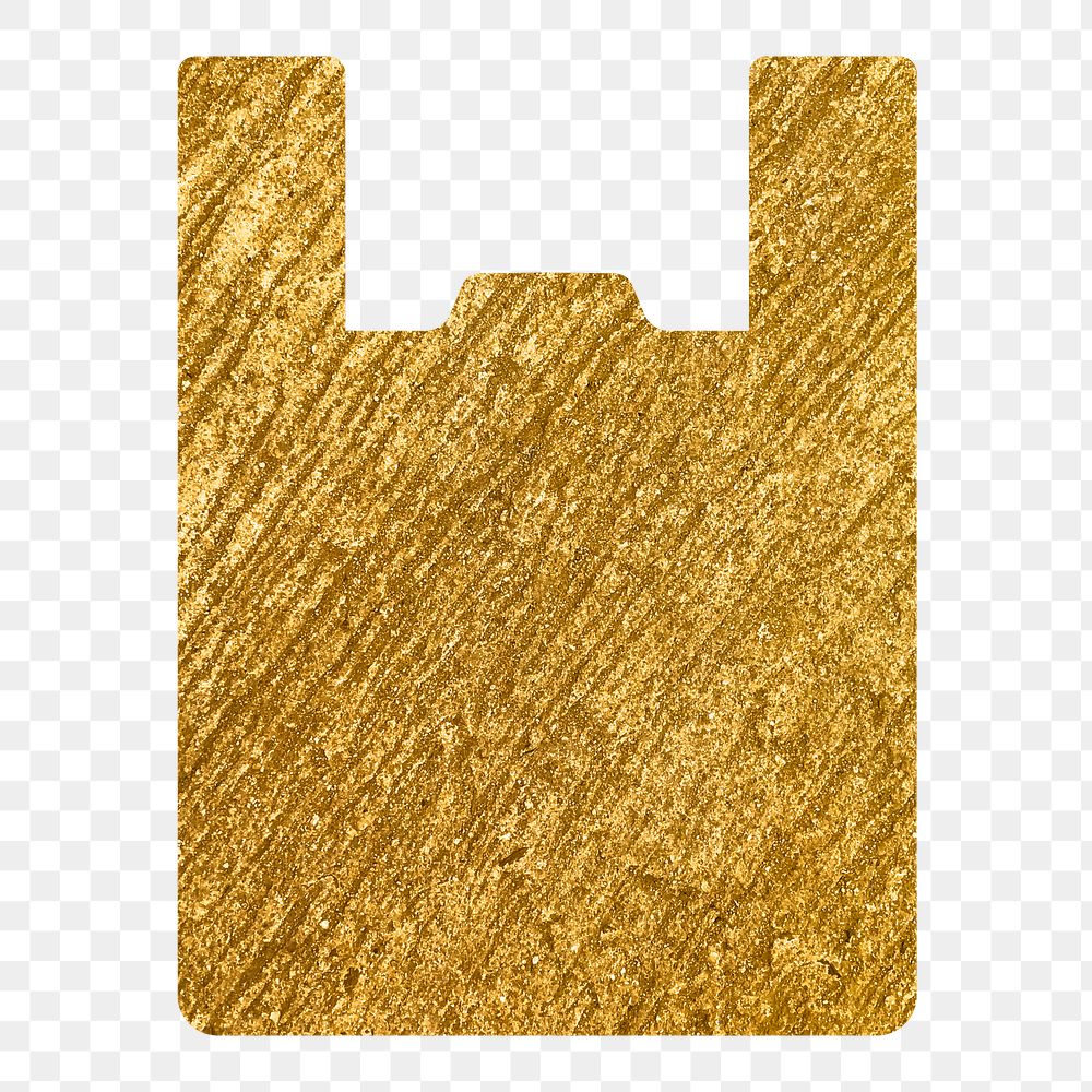 Plastic bag png icon sticker, gold glittery design, transparent background