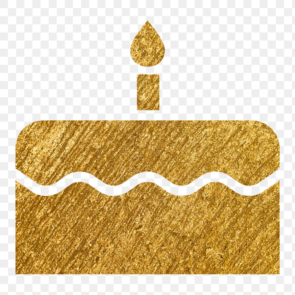 Birthday cake png icon sticker, gold glittery design, transparent background