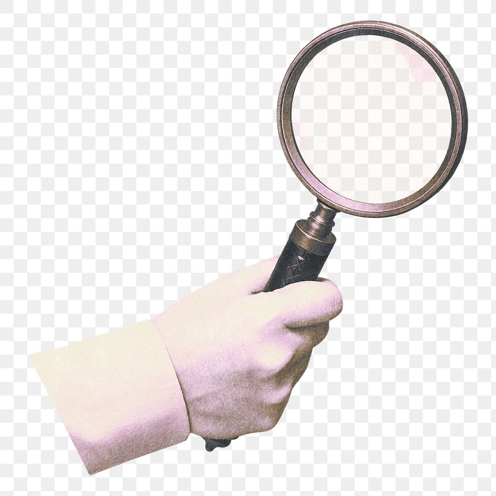 Hand holding magnifying glass png sticker, transparent background