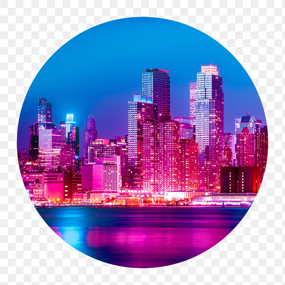 Night cityscape png sticker, circle shape, transparent background