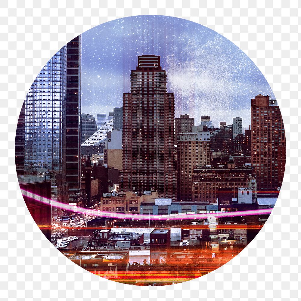 Futuristic city png sticker, circle shape, transparent background