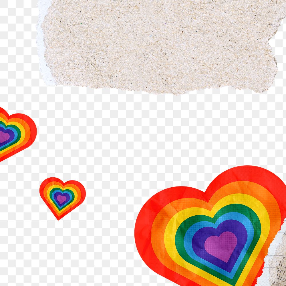 Rainbow heart png border, paper texture design, transparent background