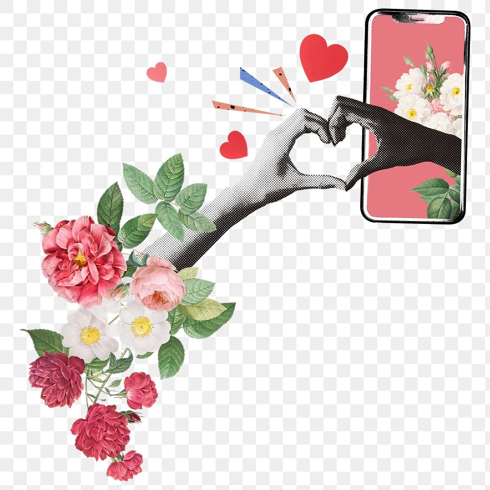 Online dating png sticker, floral heart hand design, transparent background