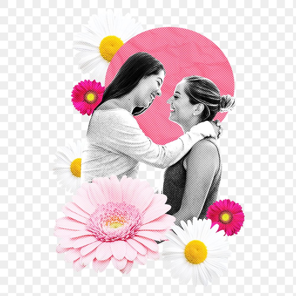 Lesbian couple png sticker, floral design, transparent background