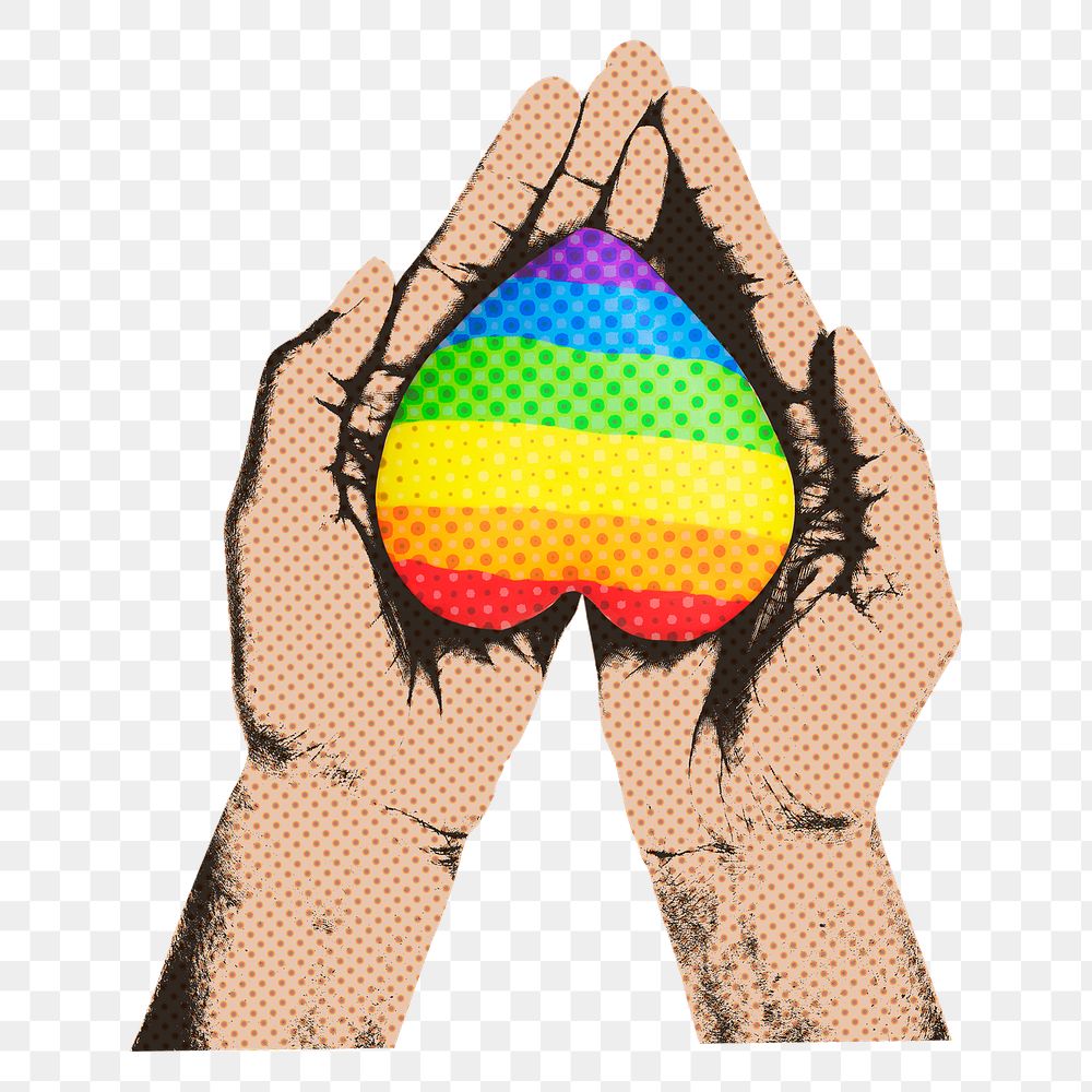 Png rainbow heart in hands sticker, pop art design, transparent background