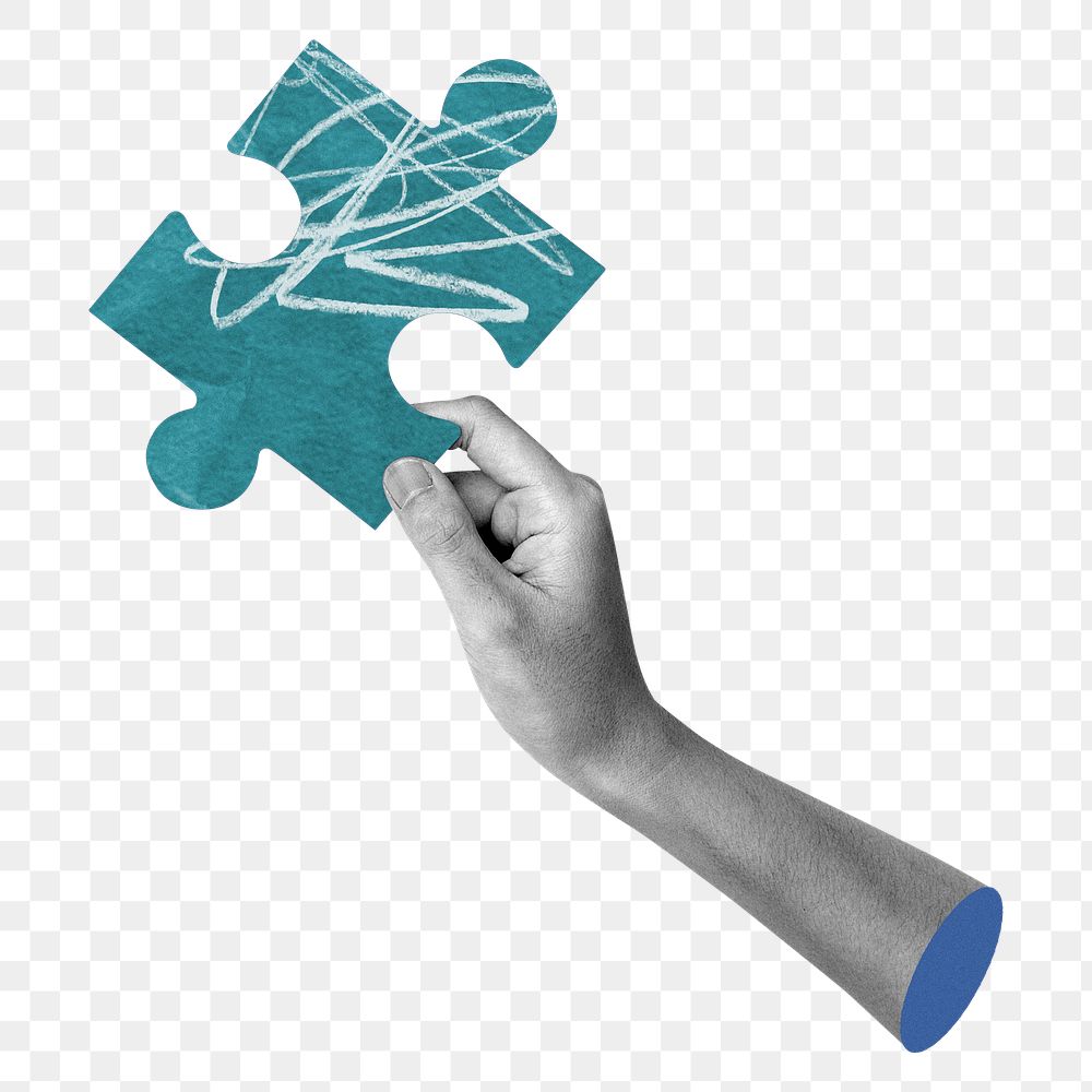 Png hand holding puzzle sticker, blue design, transparent background