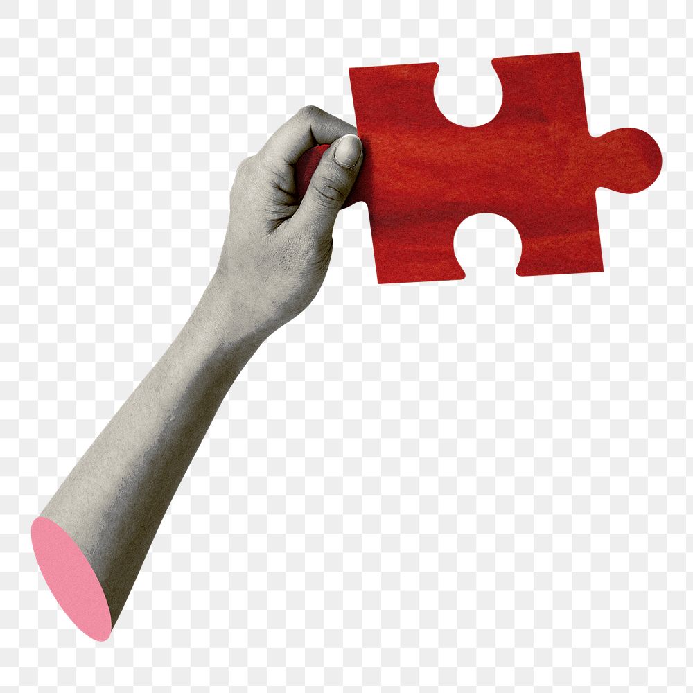 Png hand holding puzzle sticker, red design, transparent background