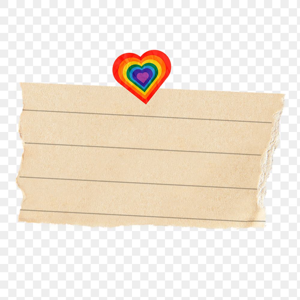 Scrap paper png sticker, rainbow heart, transparent background
