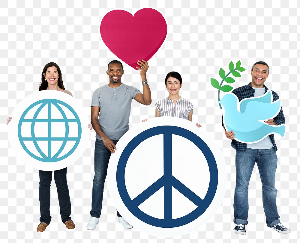 World peace png sticker, diverse happy people, transparent background