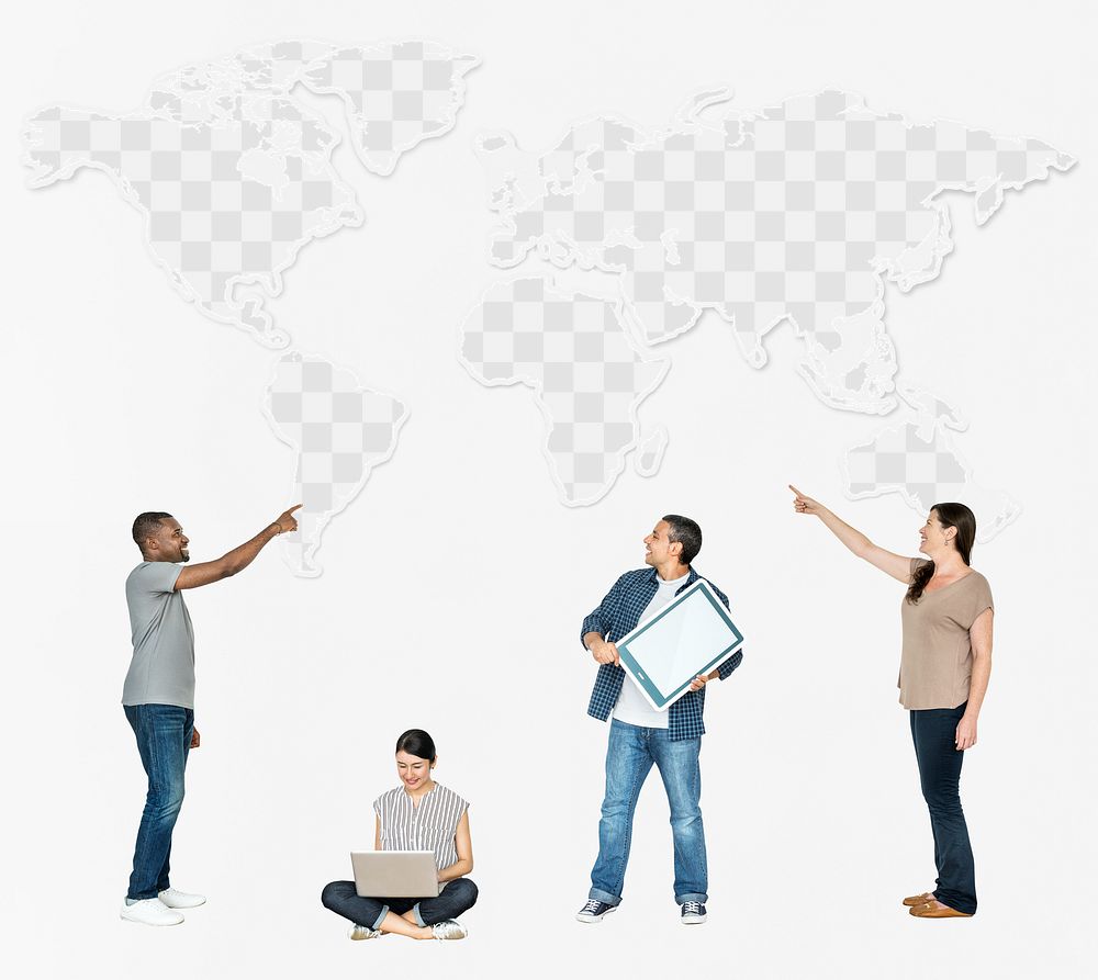 World map png mockup, transparent design, with diverse people