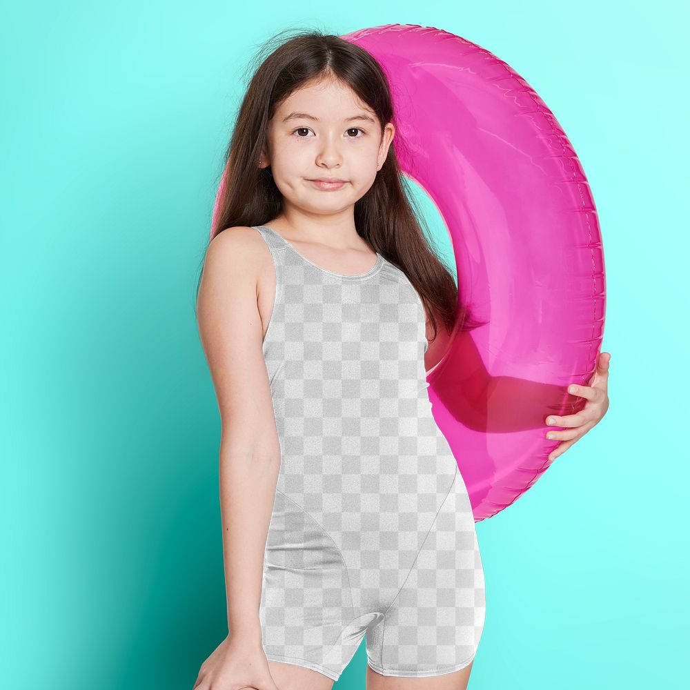 Girl wearing png swimwear mockup holding a inflatable tube