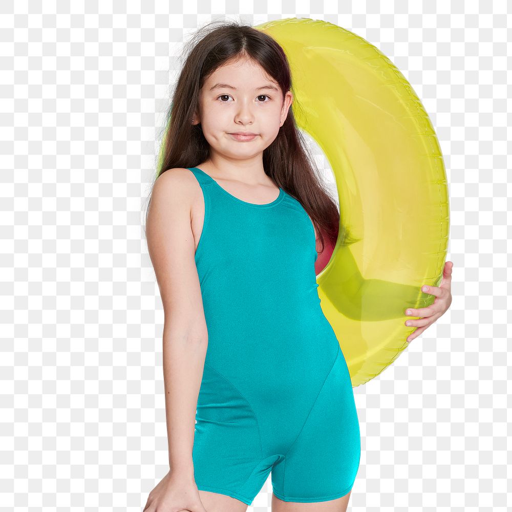 Girl wearing swimwear png mockup holding a inflatable tube