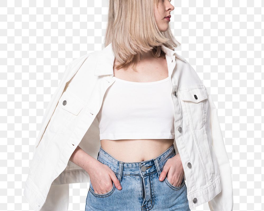 Png blonde girl mockup in white tank crop top streetwear shoot