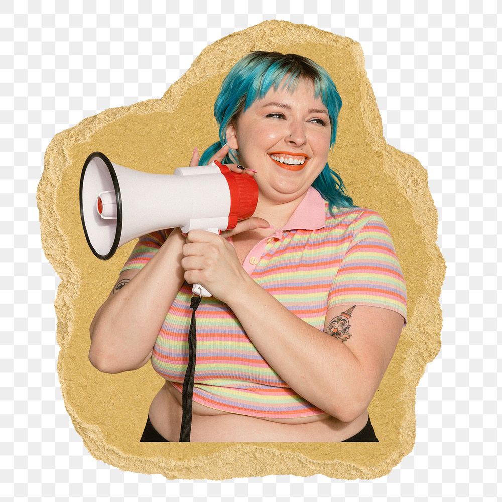 Woman holding megaphone png sticker, ripped paper, transparent background