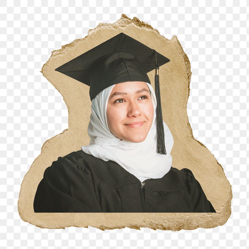 Muslim graduate png sticker, ripped paper, transparent background