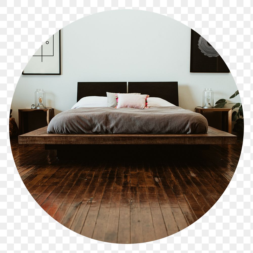 Loft style bedroom png badge, transparent background