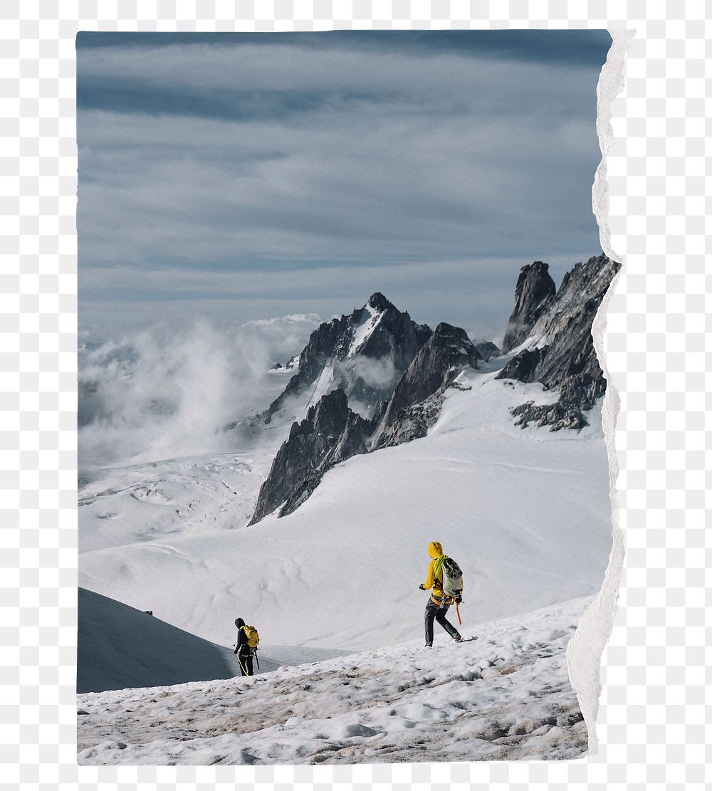 Winter climbing, ripped paper png sticker, transparent background