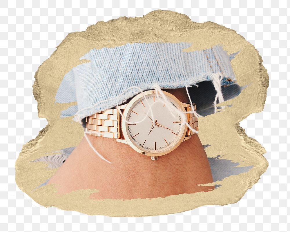 Wrist watch png sticker, ripped paper, transparent background