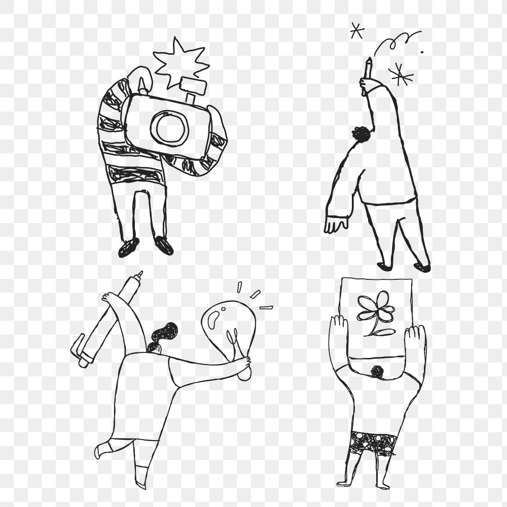 People holding their creativity png cute doodle icons  set