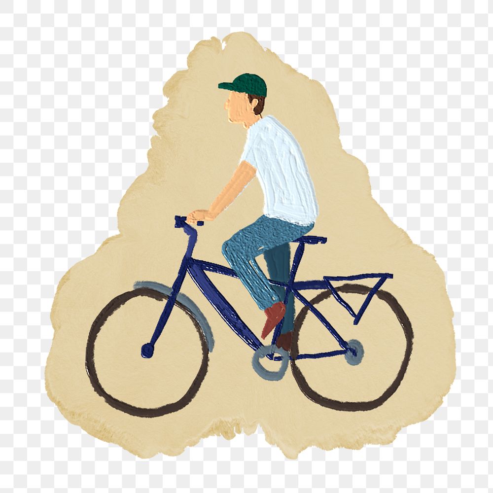 Man riding bicycle png sticker, ripped paper, transparent background