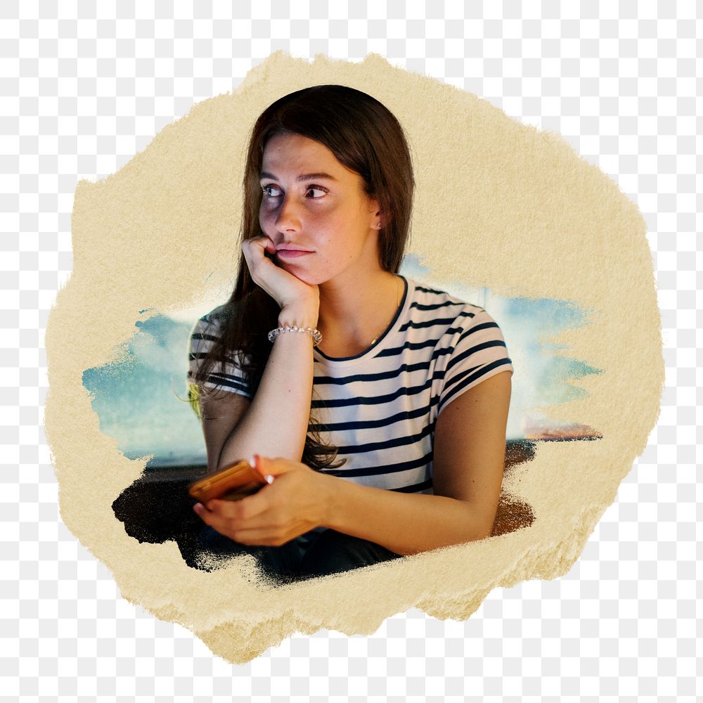 PNG Unhappy young woman holding a smartphone, collage element, transparent background