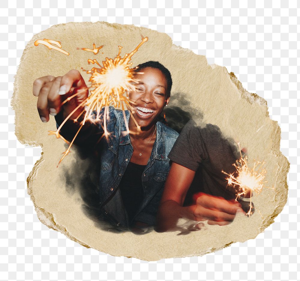 Woman png holding sparkler sticker, ripped paper, transparent background