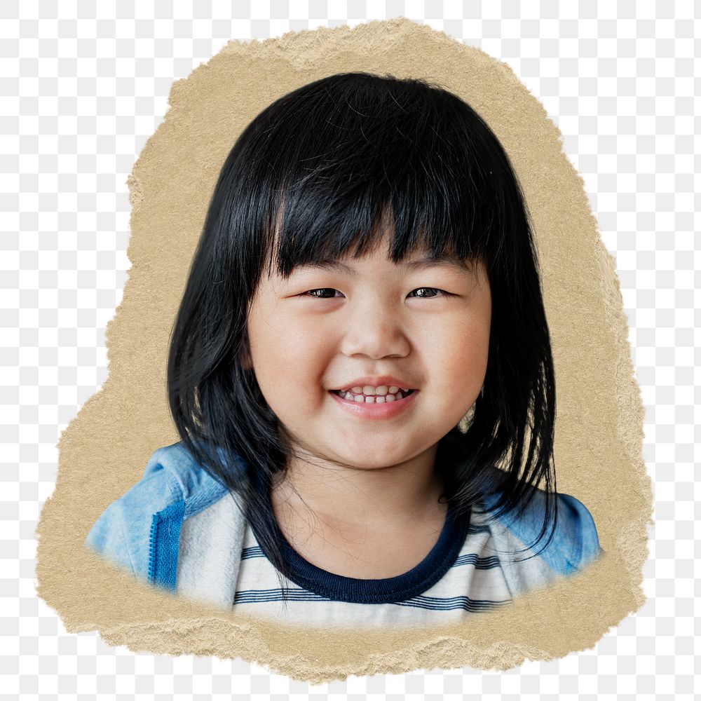 Png Smiling Asian girl sticker, ripped paper transparent background