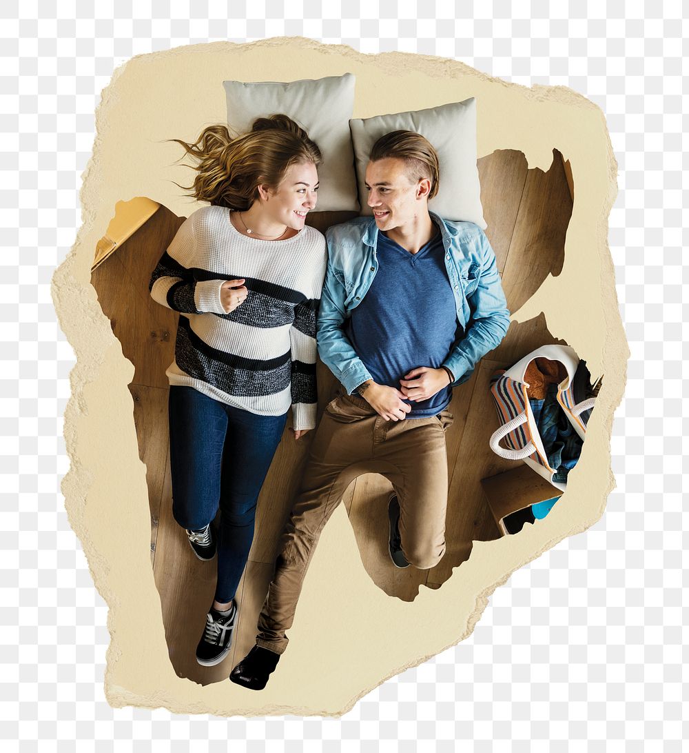 Happy couple png on bed sticker, ripped paper, transparent background