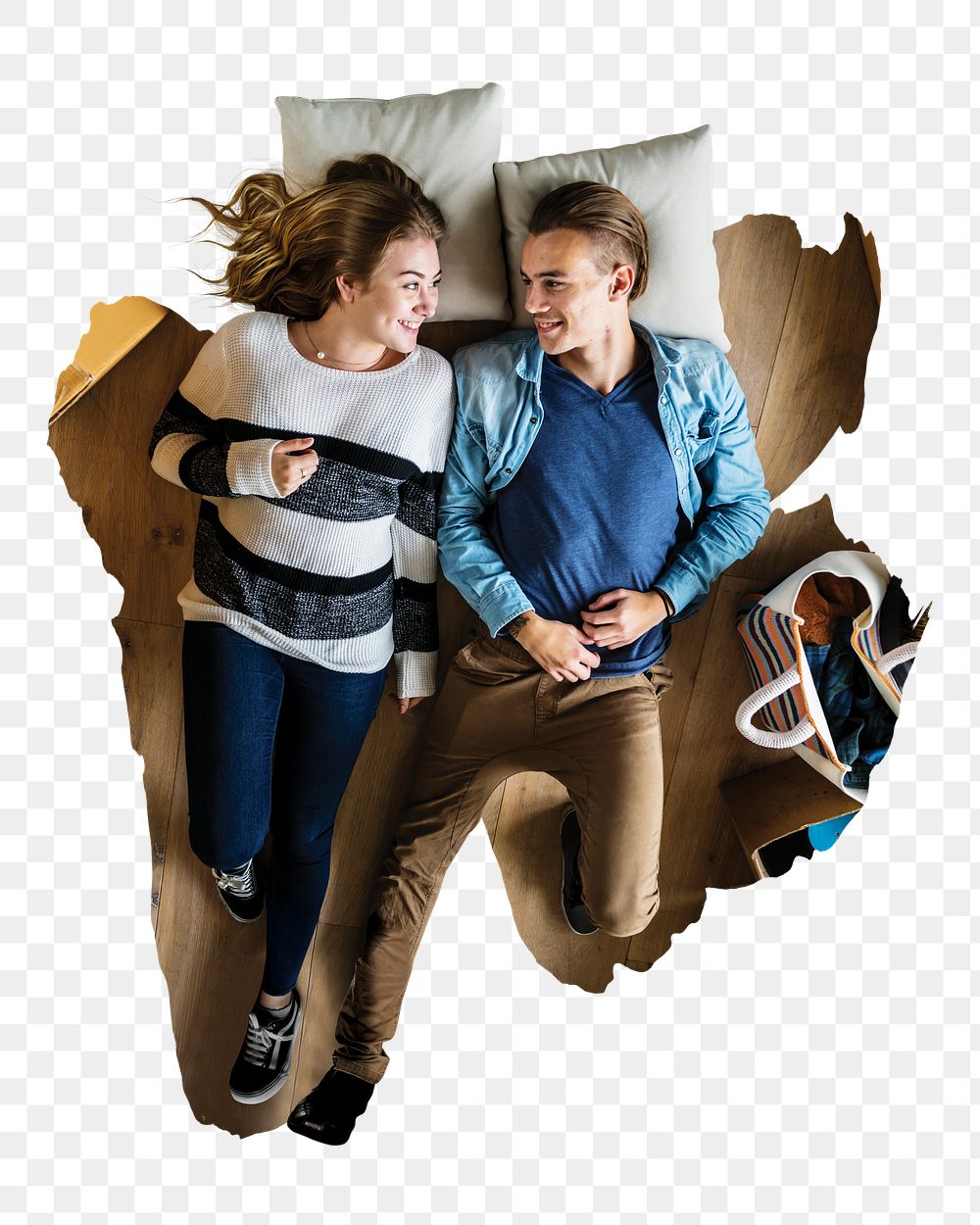 Happy couple png on bed sticker, transparent background