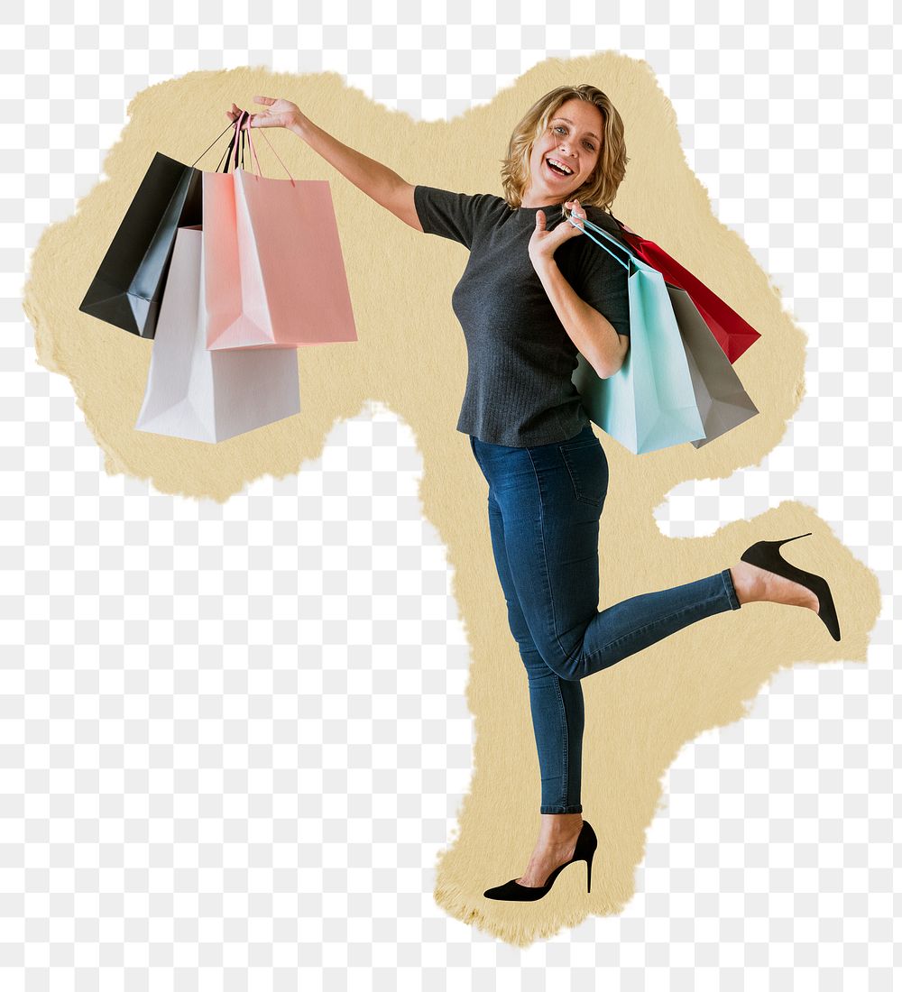 Png Business woman shopping sticker, ripped paper transparent background