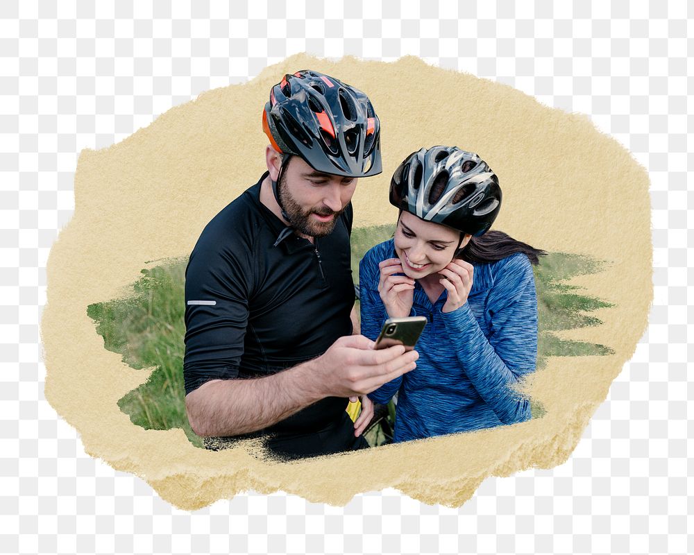 PNG Cyclists checking the route on a phone, collage element, transparent background