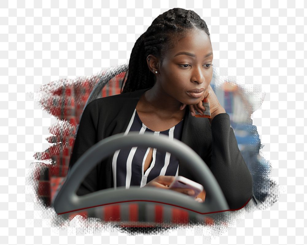 Woman png on a bus sticker, transparent background