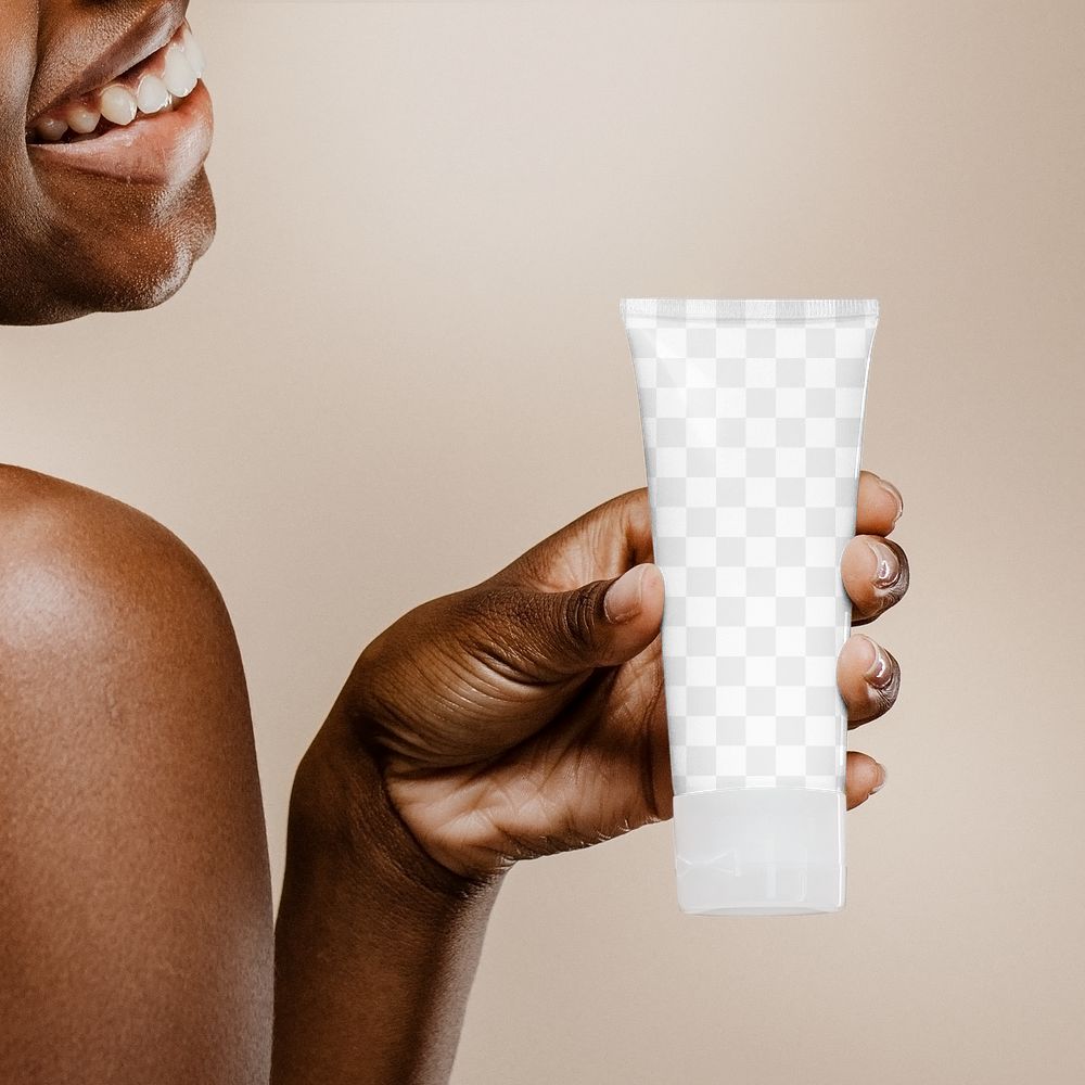 Skincare bottle png mockup, African woman, transparent design