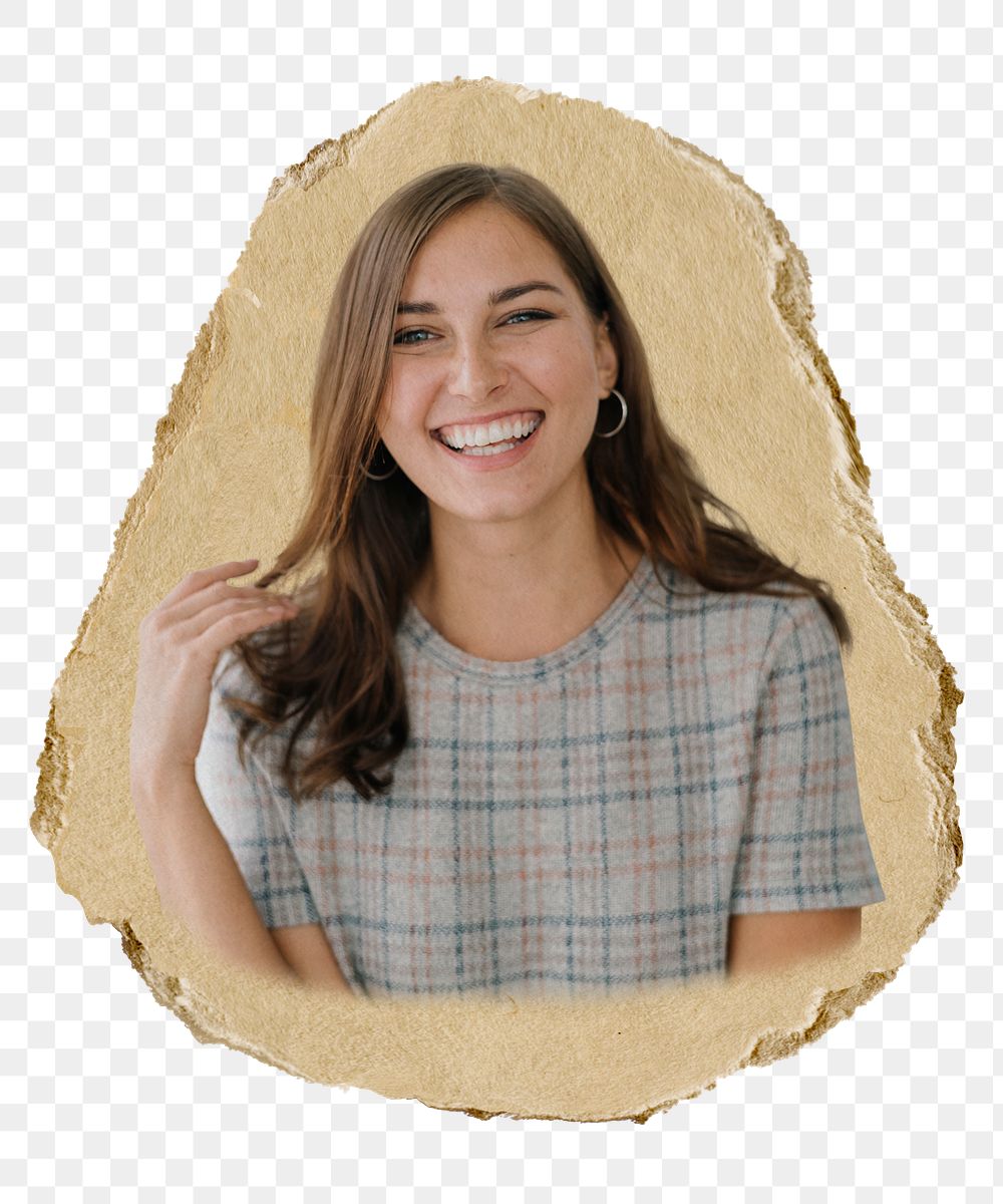 Png Smiling woman sticker, ripped paper transparent background