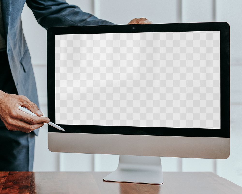 Desktop screen png mockup, businessman hands, transparent design