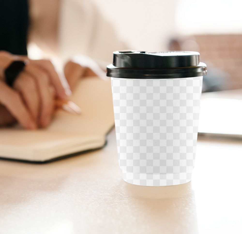 Coffee cup png mockup, black plastic lid, transparent design