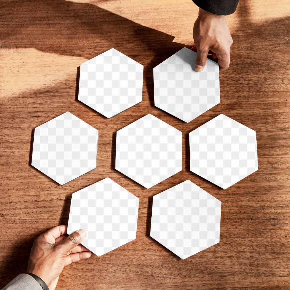 Png mockup hands connecting hexagon, business strategy, transparent design