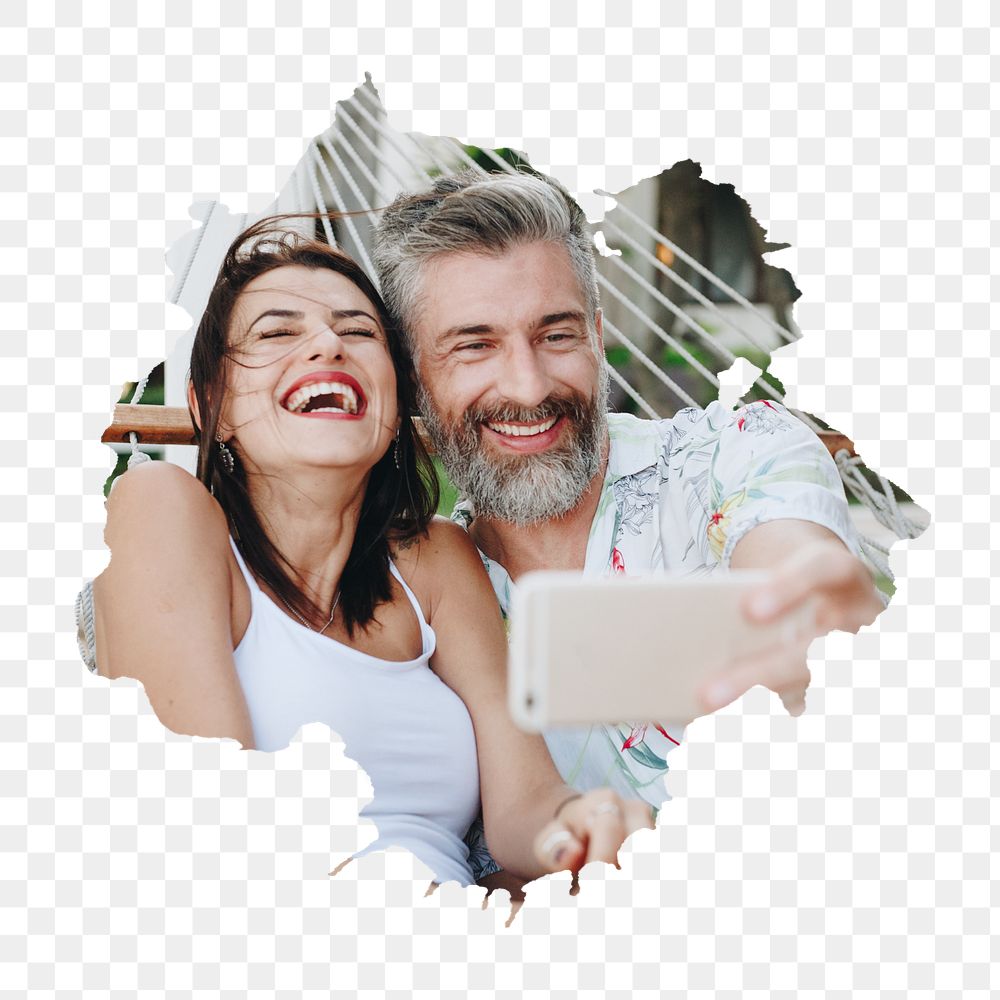 PNG Couple taking a selfie while on vacation, collage element, transparent background